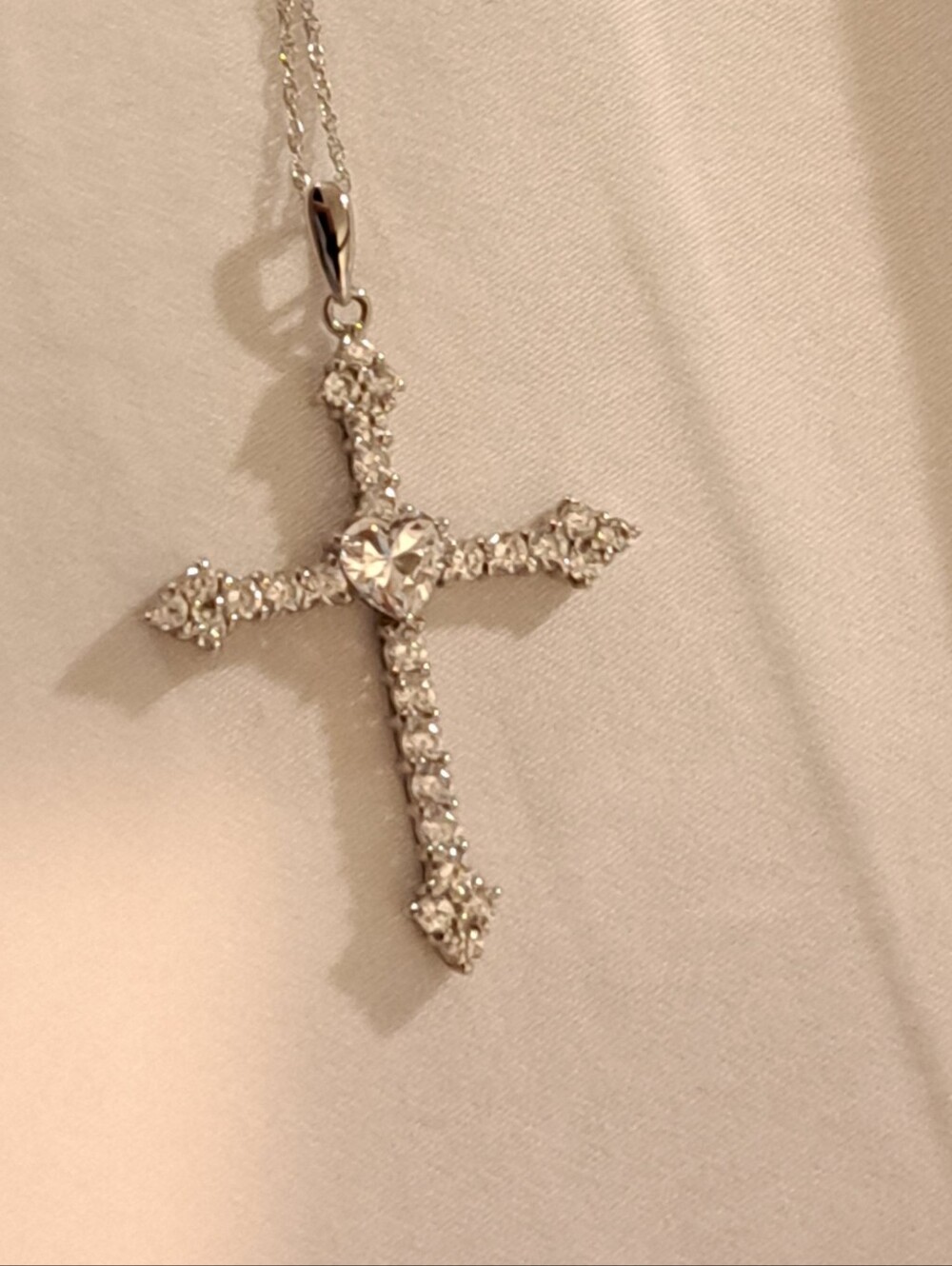 10k White Gold Crystal Heart Cross Pendant Necklace with Crystals